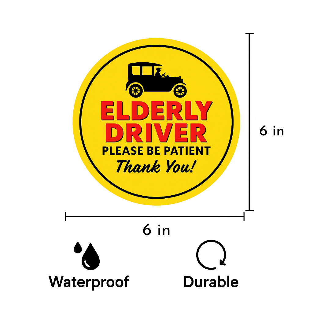 Smeeps Elderly Driver Please Be Patient Sticker – 15.24 cm Round | Bold Vintage Car Design | Yellow, Red & Black Safety Sign