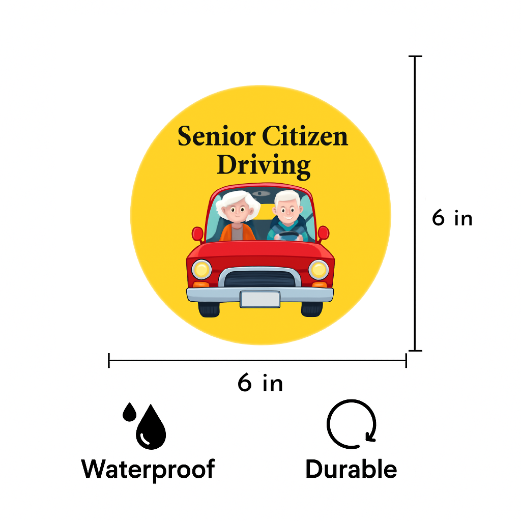 Smeeps Senior Citizen Driving Sticker – 15.24 cm Round | Friendly Elderly Couple Design | Yellow & Red High-Visibility Car Sign