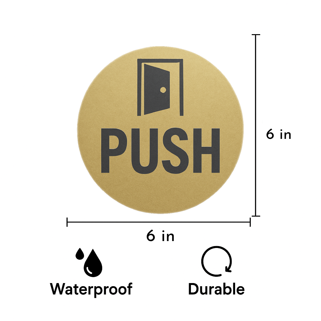 Smeeps Round “PUSH” Door Sticker – 15.24 cm | Gold Finish with Bold Black Print | Adhesive Vinyl Decal for Glass, Metal & Wood Doors | Easy to Apply | Office, Retail & Hospitality Use