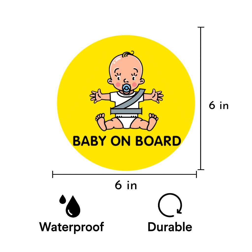 Smeeps Baby on Board Sticker – 15.24 cm Round | Cute Pacifier Baby Design | Yellow & Black Waterproof Car Safety Sign