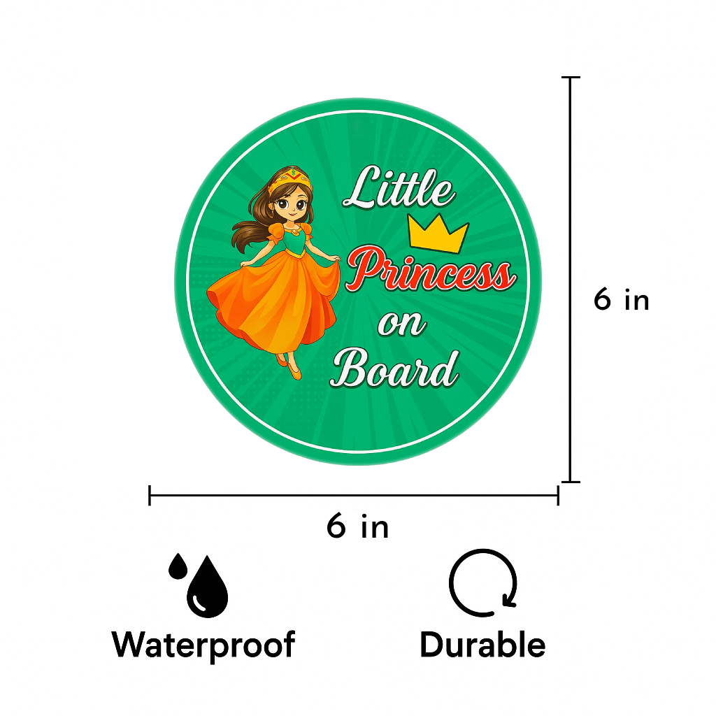 Smeeps Little Princess On Board Sticker – 15.24 cm Round | Cute Cartoon Princess with Crown & Dress | Green Car Safety Sign for Kids