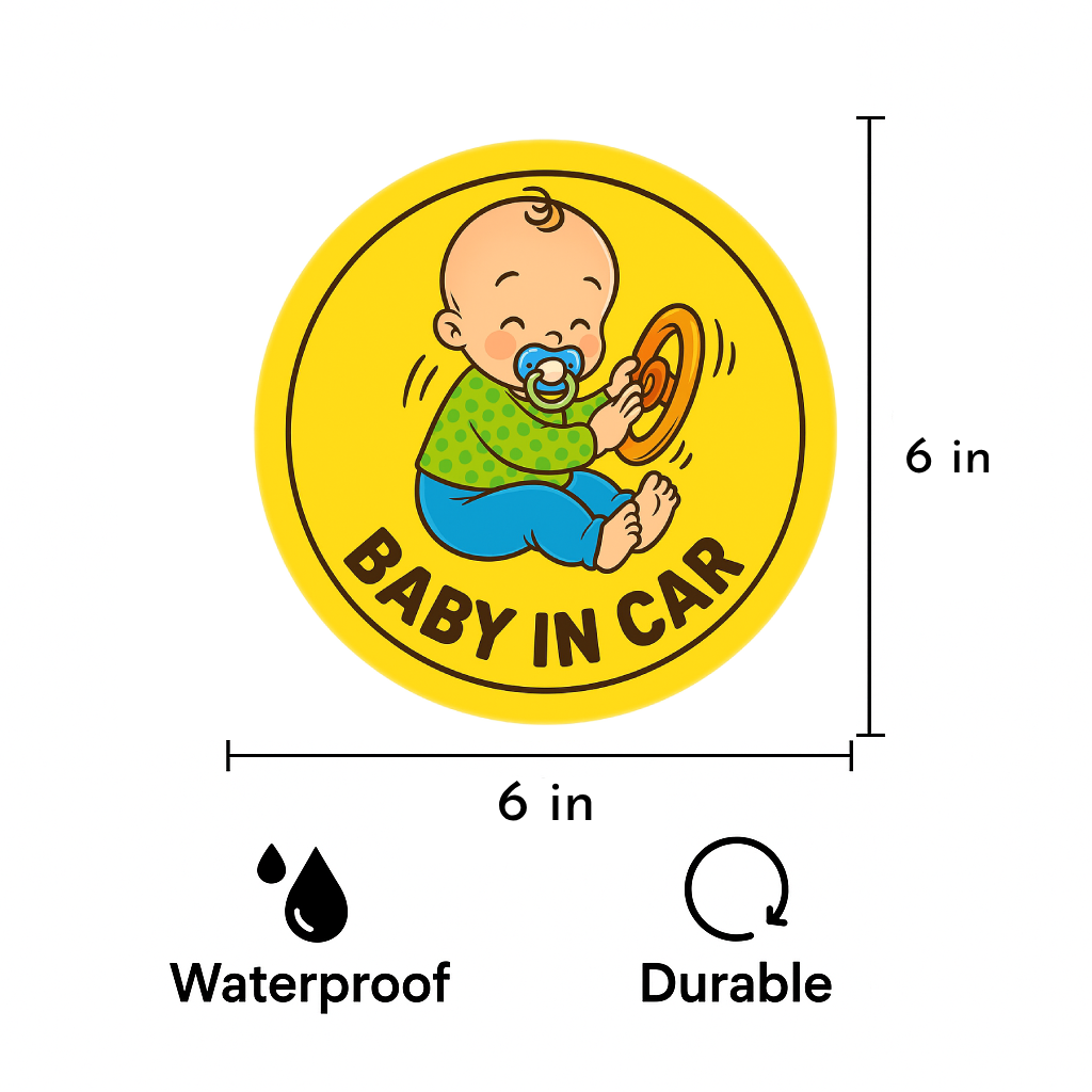 Smeeps Baby in Car Sticker – 15.24 cm Round | Funny Cartoon Baby with Steering Wheel | Bold Safety Sign for Vehicles