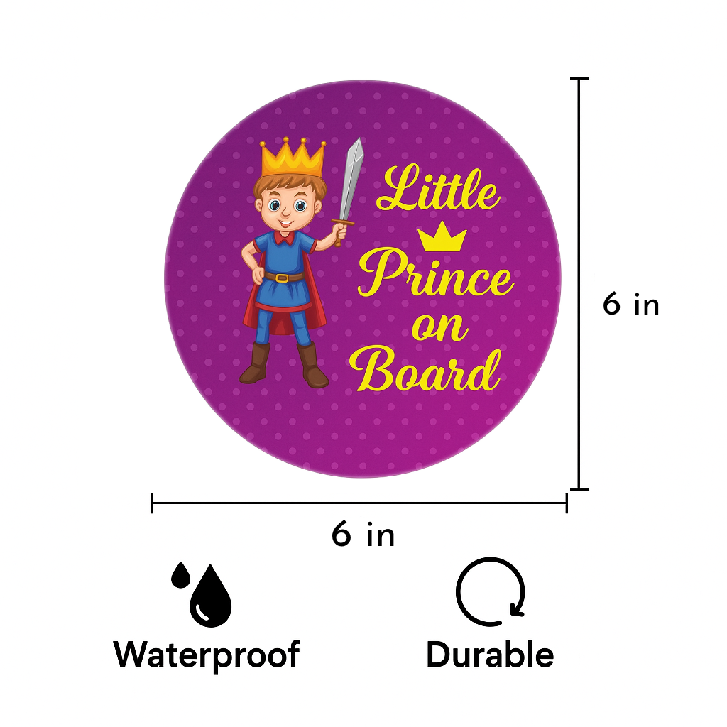 Smeeps Little Prince On Board Sticker – 15.24 cm Round | Cute Cartoon Prince with Sword & Crown | Purple Polka Dot Safety Sign for Cars