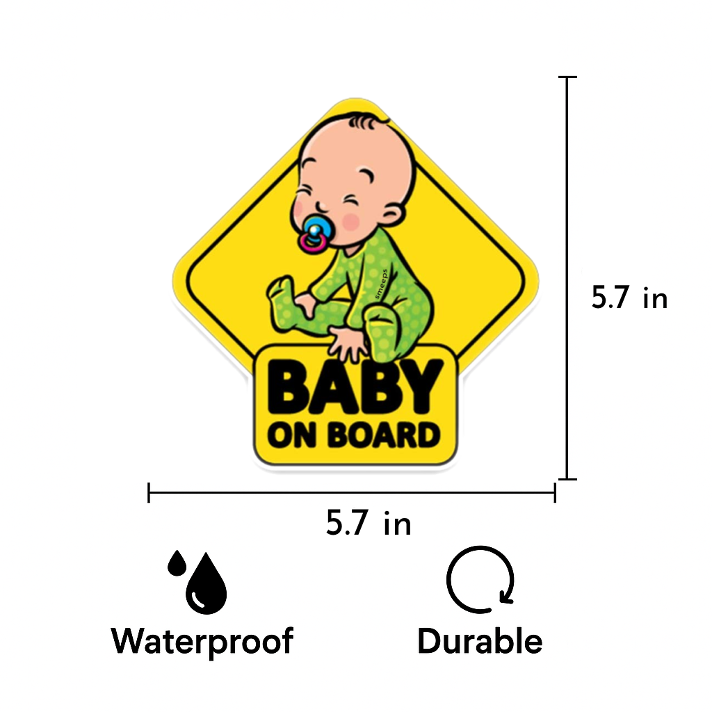 Smeeps Baby on Board Car Sticker, 14.7 x 14.7 cm Diamond Shape – Smiling Baby in Green Pajamas, Waterproof Safety Sign for Vehicles