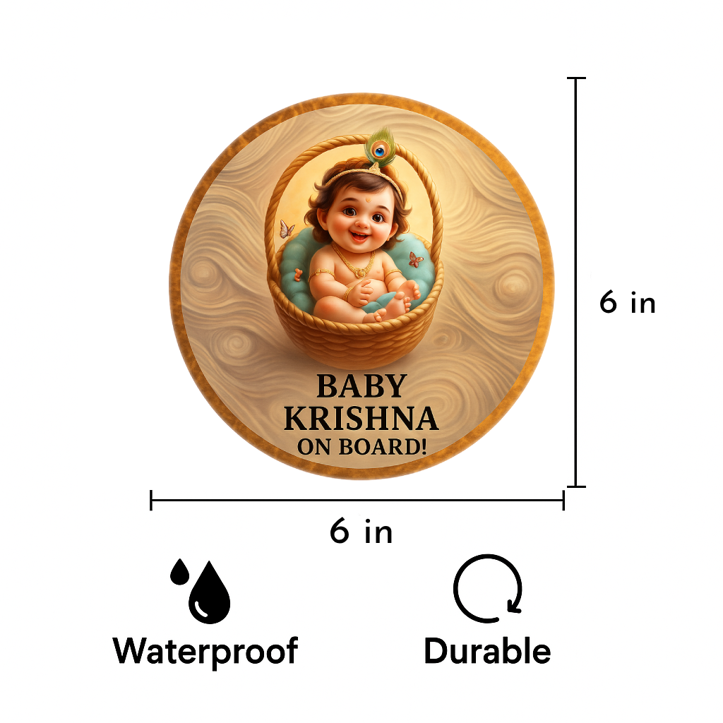 Pack of 2 | Smeeps Baby Krishna On Board Sticker – 15.24 cm Round | Basket-Themed Divine Krishna Design | Waterproof & UV-Proof Car Safety Sign
