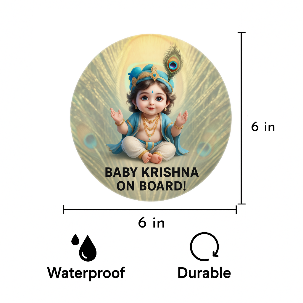 Smeeps Baby Krishna On Board Sticker – 15.24 cm Round | Devotional Car Safety Sign with Cute Krishna Design | Waterproof & UV-Resistant