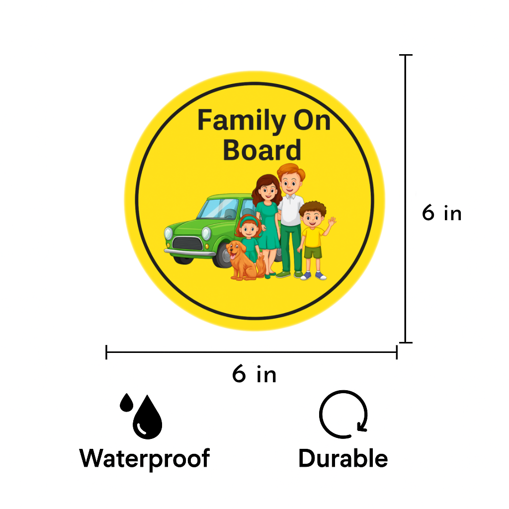 Smeeps Family On Board Sticker – 15.24 cm Round | Cartoon Family & Dog with Green Car | Bright Yellow Safety Sign for Vehicles