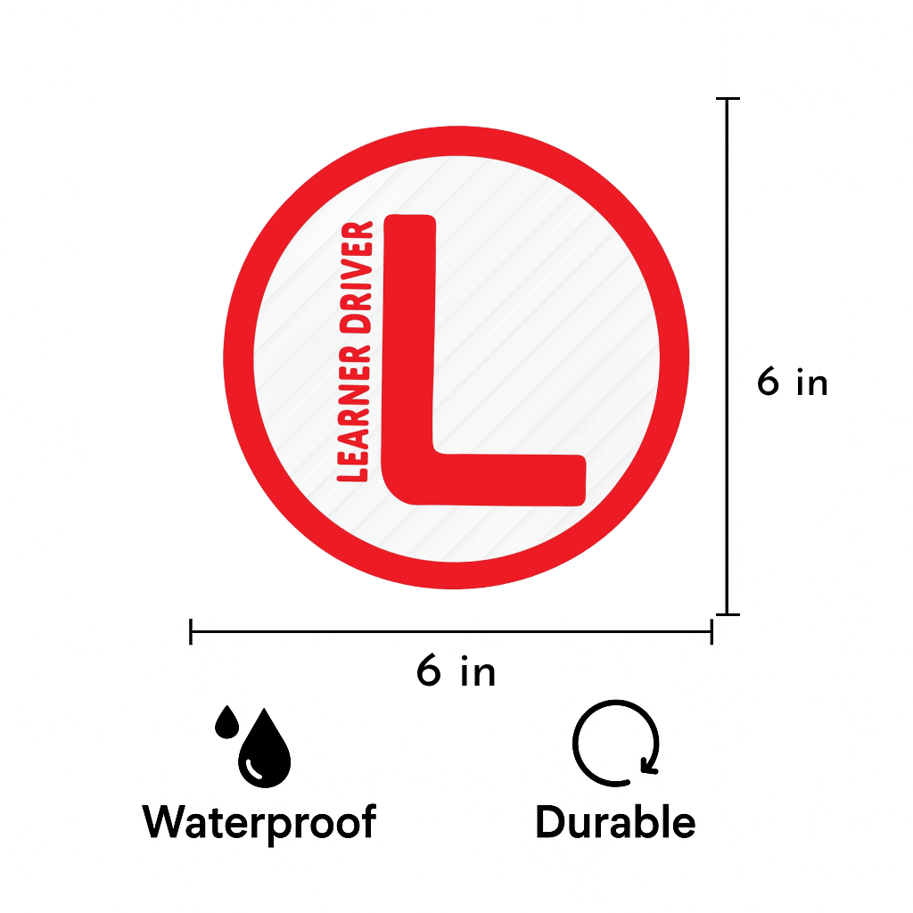Smeeps Round Learner Driver Stickers (15.24 cm) – Bold "L" Plate with Text | Waterproof Vinyl, Car & Bike Compatible