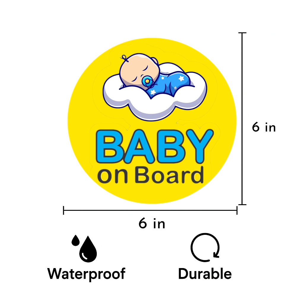 Smeeps Baby on Board Sticker – 15.24 cm Round | Sleeping Baby on Cloud Design | Yellow & Blue Waterproof Car Safety Sign