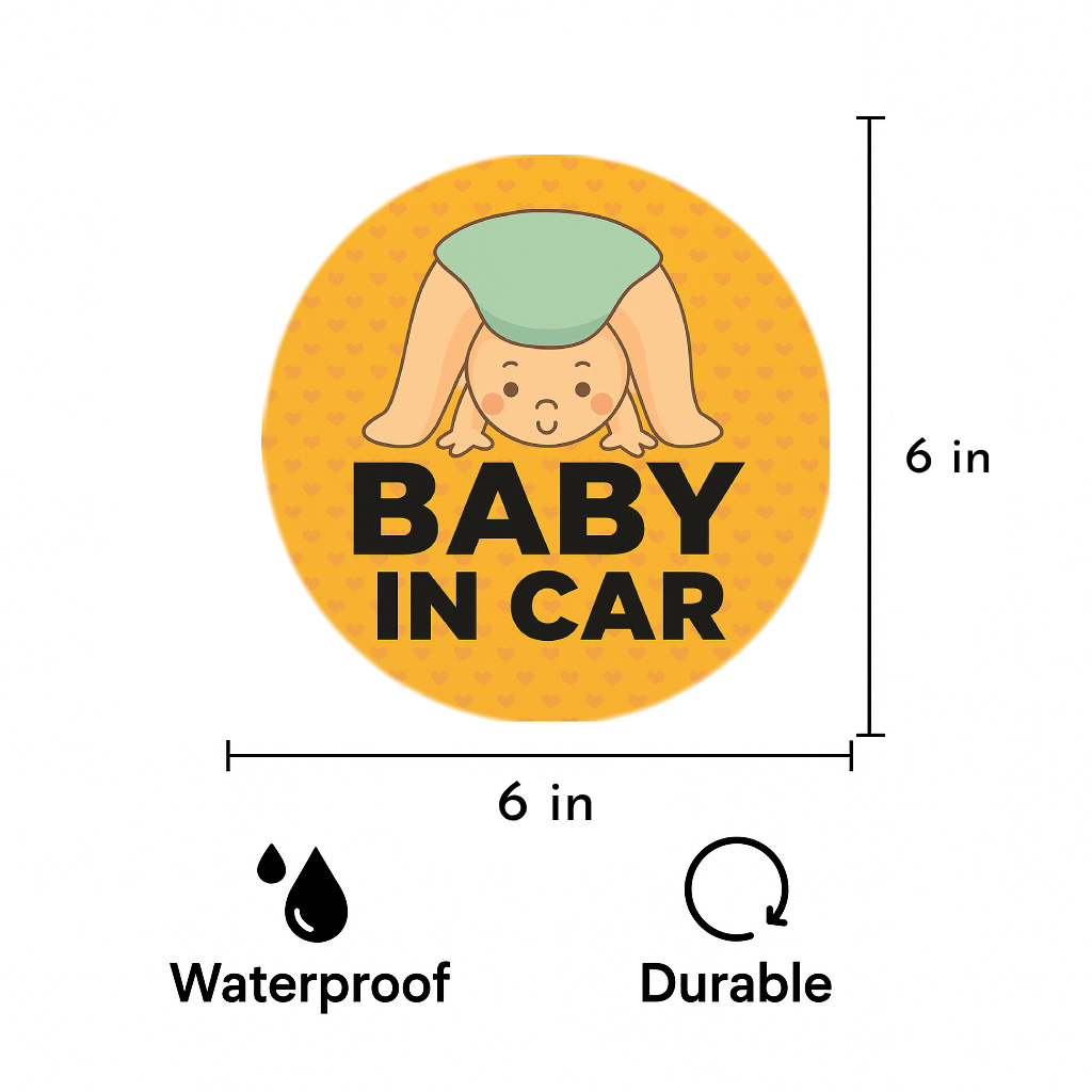 Pack of 2 | Smeeps Baby in Car Sticker – 15.24 cm Round | Cute Upside-Down Baby Design | Bright Orange Safety Sign for Vehicles