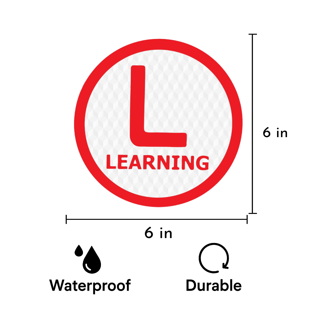 Smeeps Round Learning Stickers for Vehicles (15.24 cm) – “L” Symbol with “LEARNING” Text | Reflective Waterproof Vinyl, for Cars, Bikes & Scooters