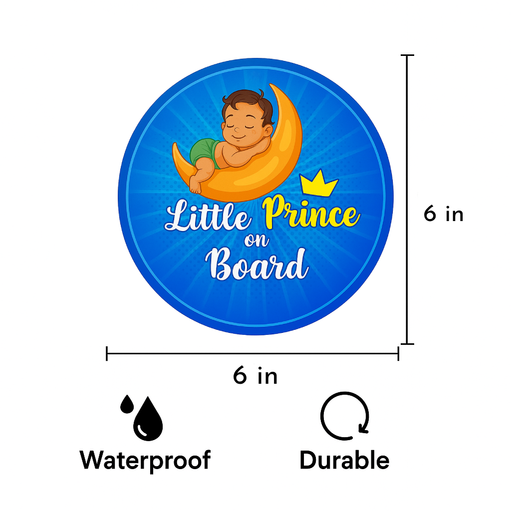 Smeeps Little Prince On Board Sticker – 15.24 cm Round | Cute Sleeping Baby Boy on Moon Design | Blue Waterproof Car Safety Sign