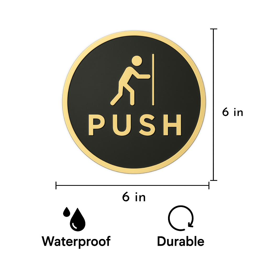 Smeeps “PUSH” Door Sign – Round 15.24 cm | Black & Gold Finish | Self-Adhesive | Waterproof & Durable | Ideal for Office, Restaurant, and Retail Entrances