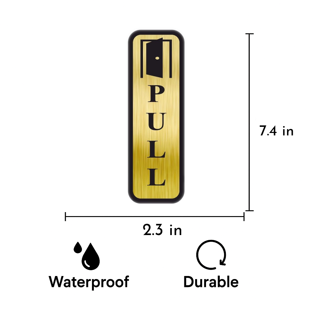 Smeeps Vertical “PULL” Door Sign – 19x6 cm | Elegant Gold Finish with Black Text & Door Icon | Adhesive Sticker for Glass, Metal & Wood Surfaces | Perfect for Office, Shops & Hotels