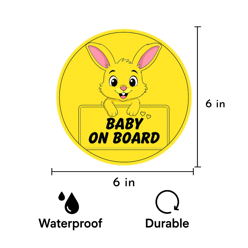 Smeeps Baby on Board Sticker – 15.24 cm Round | Cute Yellow Bunny Design | High-Visibility Safety Sign for Car Windows