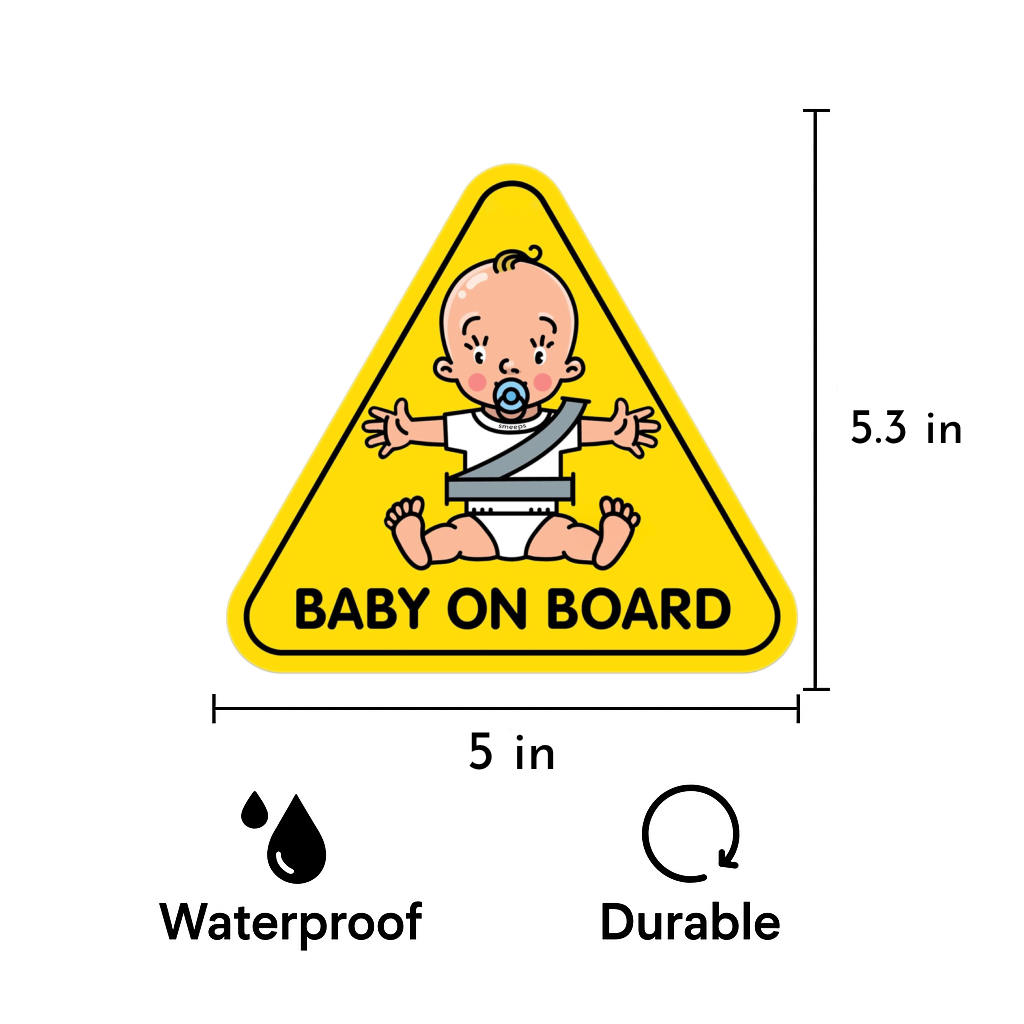Smeeps Baby on Board Car Sticker, 13.57 x 12.07 cm Triangle, Bright Yellow Safety Decal with Cartoon Baby – Waterproof & Weatherproof for Rear Windows
