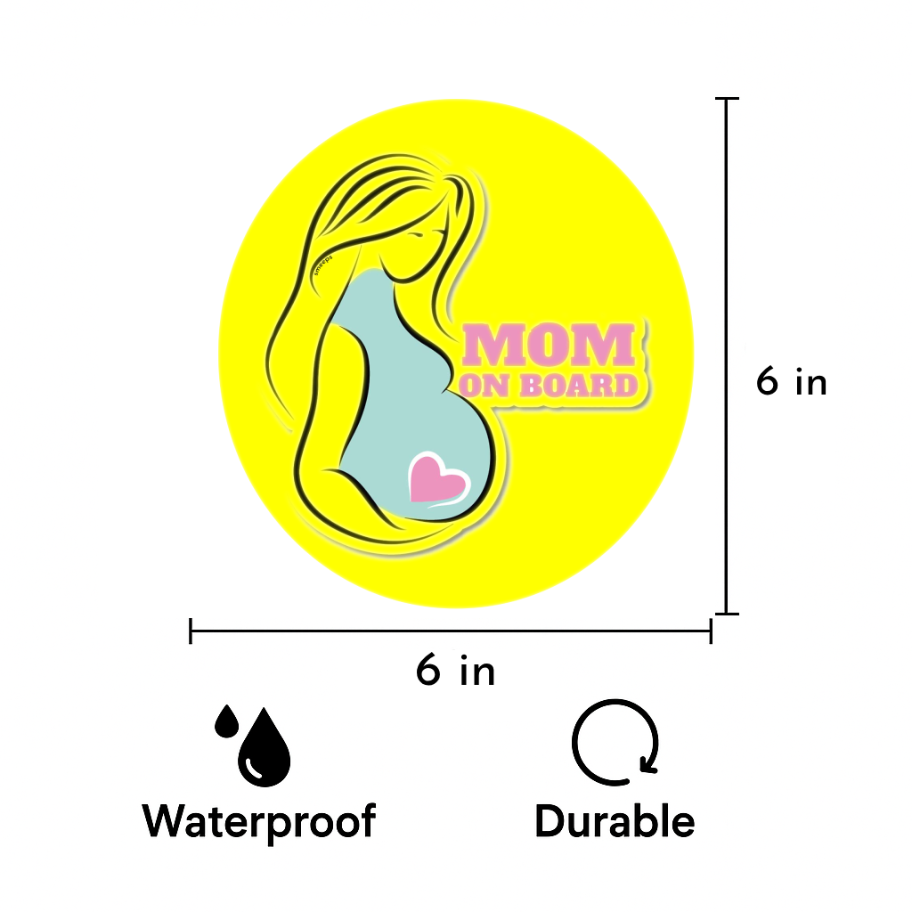 Pack of 2 | Smeeps Mom on Board Sticker – 15.24 cm Round | Pastel Silhouette & Heart Design | Yellow Waterproof Car Safety Sign