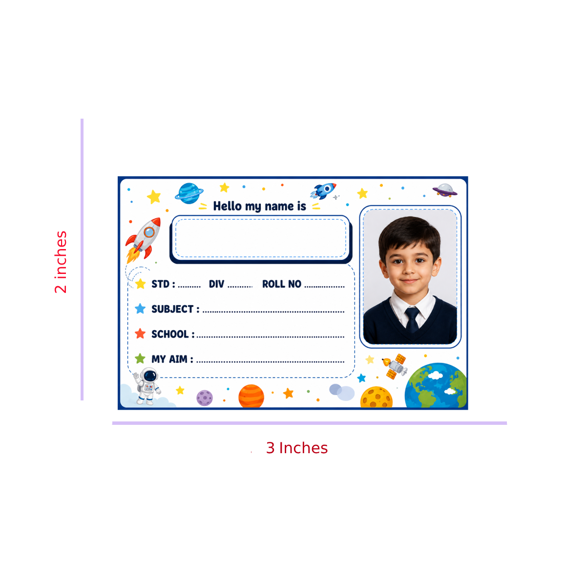 Custom Photo Space Theme School Name Labels – 7.62 × 5.08 cm (3 × 2 Inch) Personalized Waterproof Kids Notebook Stickers for School Books, Water Bottles & Accessories | Rocket & Galaxy Design Pack of 36