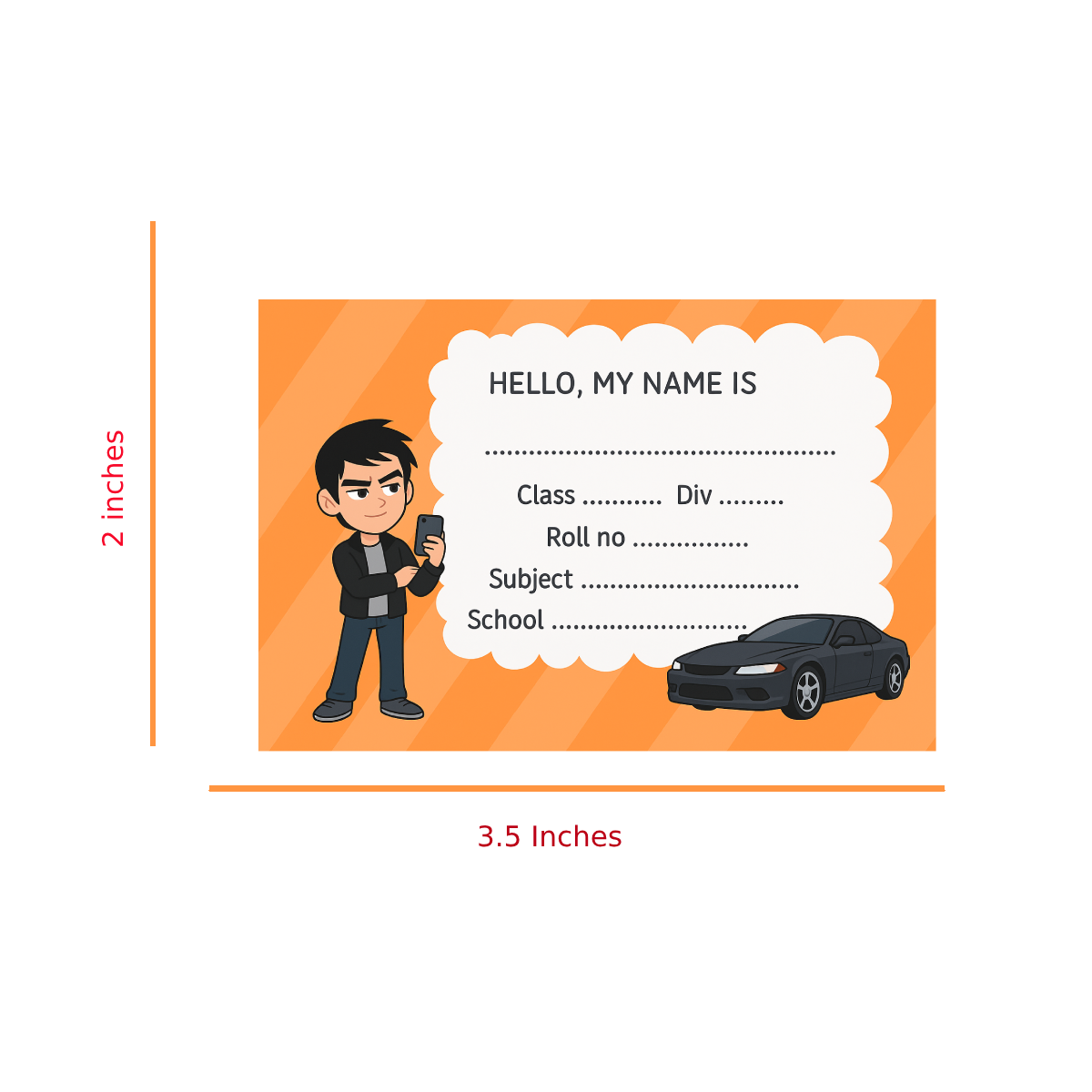 Smeeps Premium School Name Label Stickers – 3.5 x 2 Inches Personalized Tag for Books & Notebooks | Boy with Car Theme | Waterproof Writable Labels (Pack of 10)