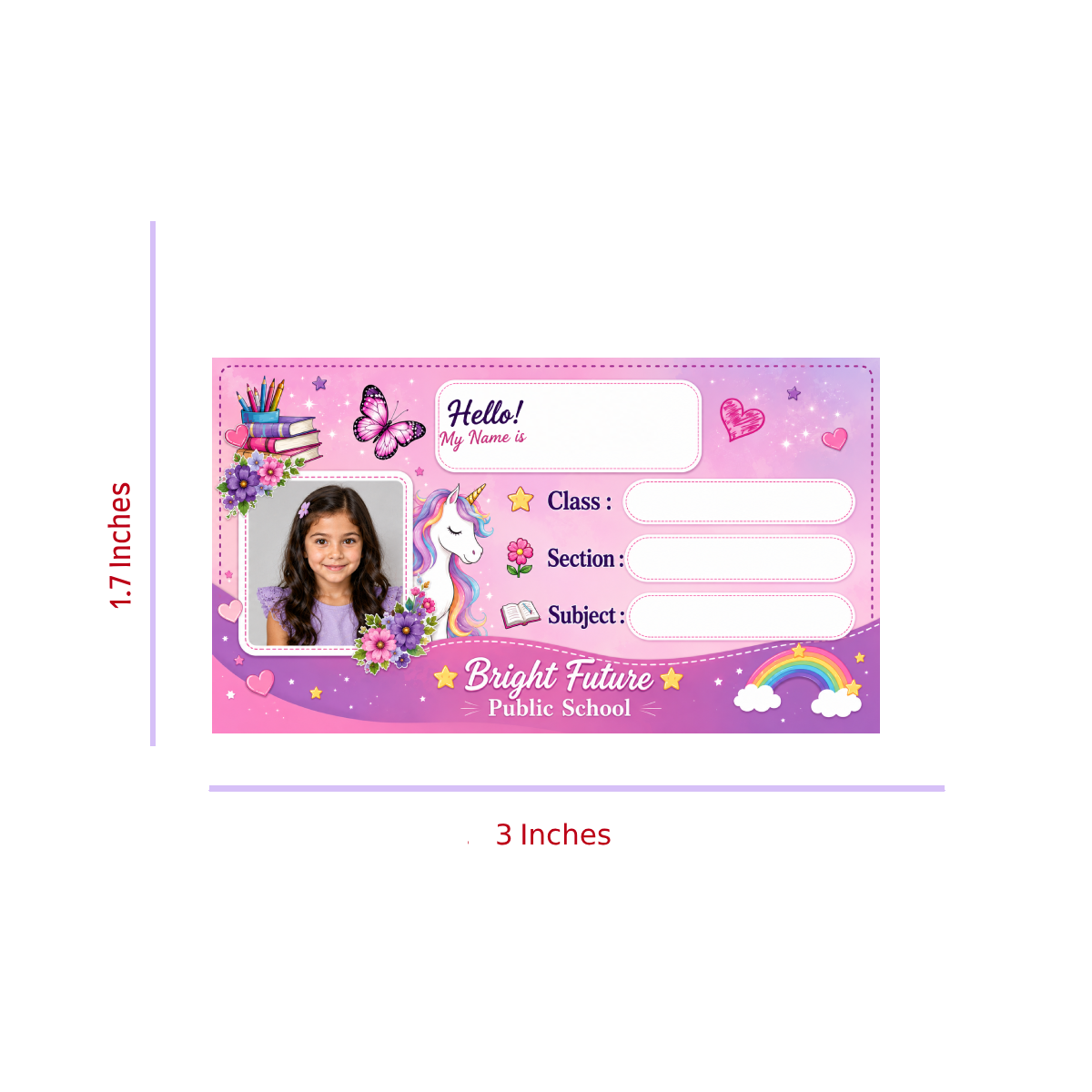 Custom Photo Unicorn School Name Labels – 7.62 × 4.32 cm (3 × 1.7 Inch) Personalized Waterproof Kids Notebook Stickers for School Books, Water Bottles & Accessories | Pink Fantasy Theme Pack of 36