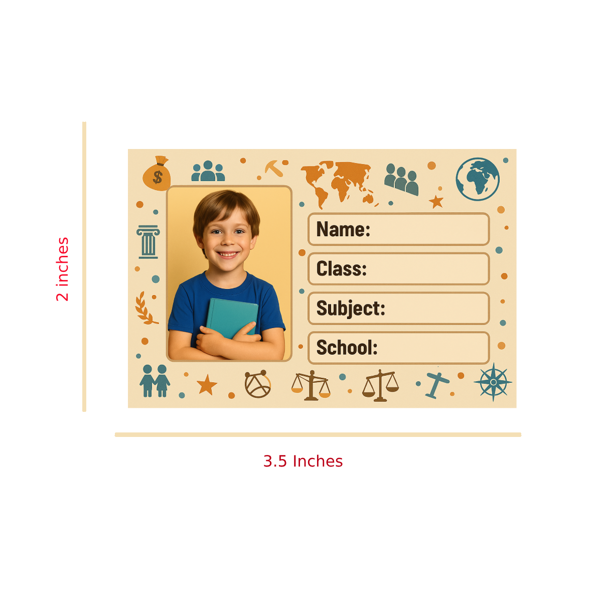 Smeeps Personalized School Book Label – Custom Photo Name Sticker for Kids | 3.5 x 2 Inch Notebook Labels | Pack of 10 | Social Studies Theme