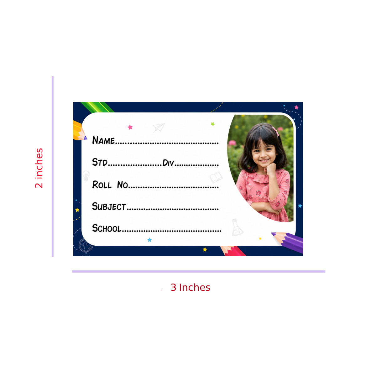 Custom Photo School Name Labels – 7.62 × 5.08 cm (3 × 2 Inch) Personalized Waterproof Kids Notebook Stickers for School Books, Water Bottles & Accessories | Creative Pencil Theme Pack of 36
