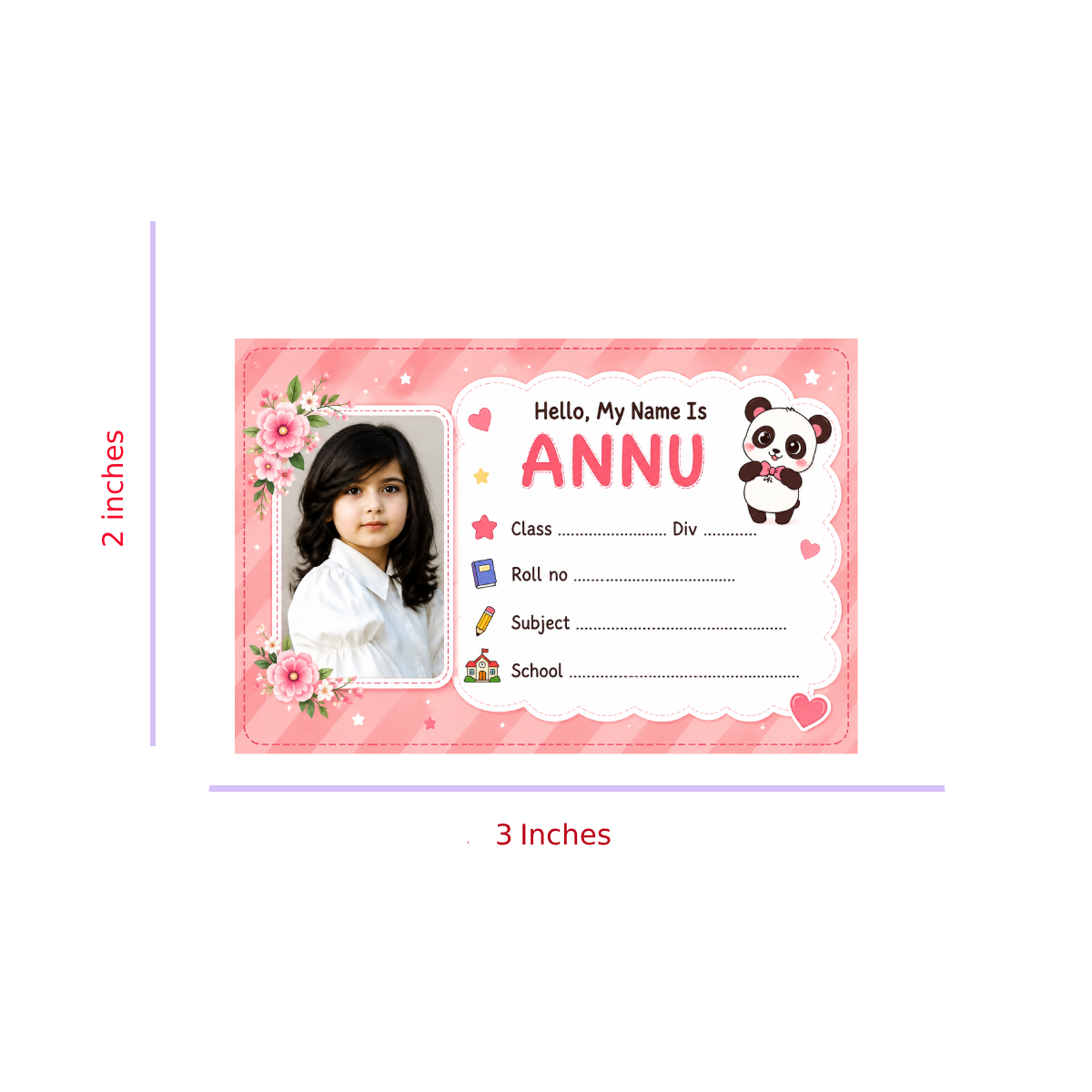 Custom Photo Panda School Name Labels – 7.62 × 5.08 cm (3 × 2 Inch) Personalized Waterproof Kids Notebook Stickers for School Books, Water Bottles & Accessories | Cute Pink Panda Theme Pack of 36