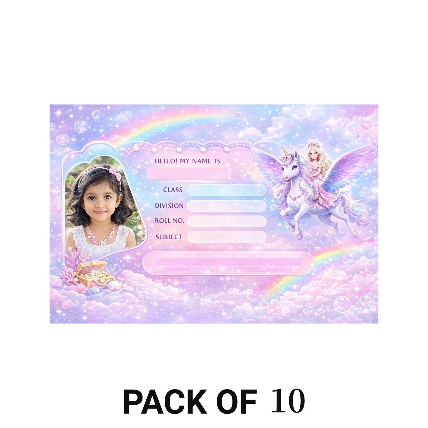 Smeeps Personalized Unicorn School Label Stickers – Pack of 10 | 3 x 2 Inch Custom Name Labels with Photo | Cute Fantasy Theme for Kids | Waterproof Premium Finish