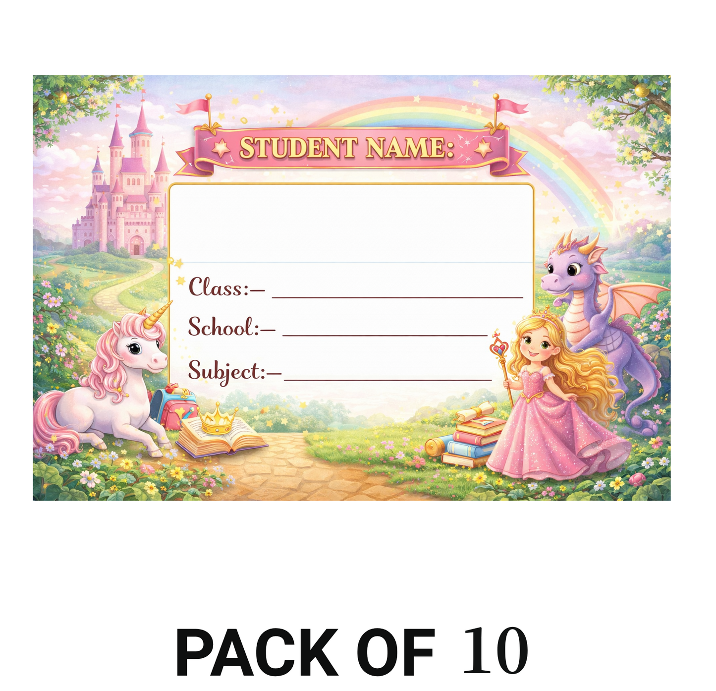 Smeeps Princess Unicorn School Name Labels Sticker – 7.62 × 5.08 cm (3 × 2 Inch) Personalized Writable Notebook Labels for Kids | Fantasy Castle Theme Sticker Pack of 10
