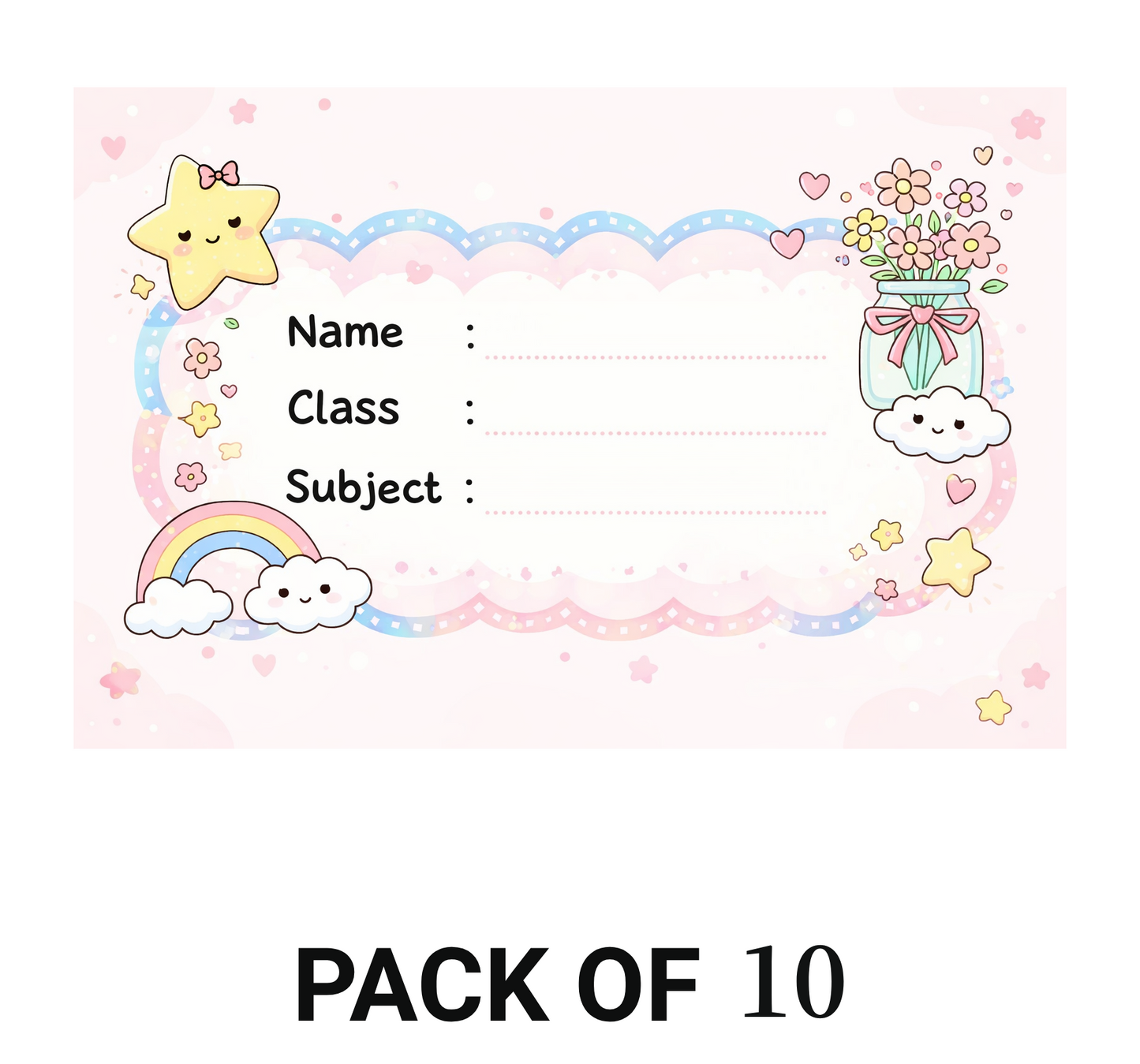 Smeeps Cute Pastel Rainbow School Name Labels Sticker – 7.62 × 5.08 cm (3 × 2 Inch) Personalized Writable Notebook Labels for Kids | Kawaii Cloud & Star Theme Sticker Pack of 10