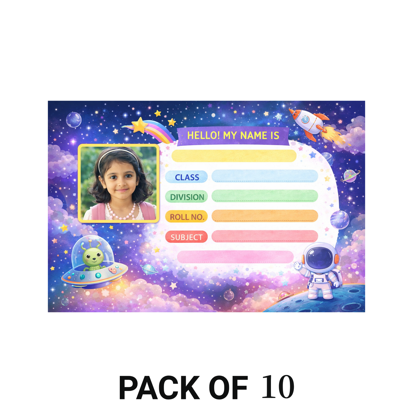 Smeeps Personalized Space Theme School Label Stickers – Pack of 10 | 3 x 2 Inch Custom Name Labels with Photo | Rocket, Astronaut & Galaxy Design | Waterproof Premium Finish