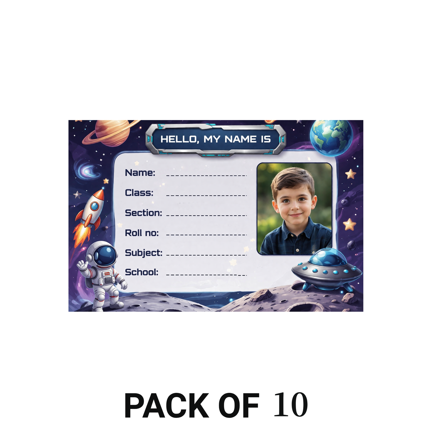 Smeeps Personalized Space Galaxy School Label Stickers – Pack of 10 | 3 x 2 Inch Custom Name Labels with Photo | Astronaut, Rocket & Planet Theme | Waterproof Premium Finish