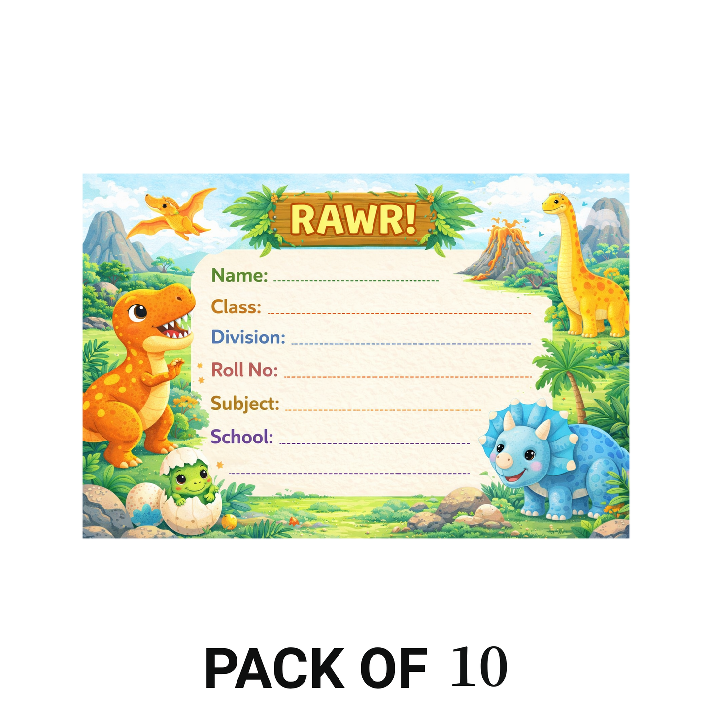 Smeeps Dinosaur Theme School Name Labels Sticker – 7.62 × 5.08 cm (3 × 2 Inch) Personalized Writable Notebook Labels for Kids | Cute Dino Jungle Theme Sticker Pack of 10