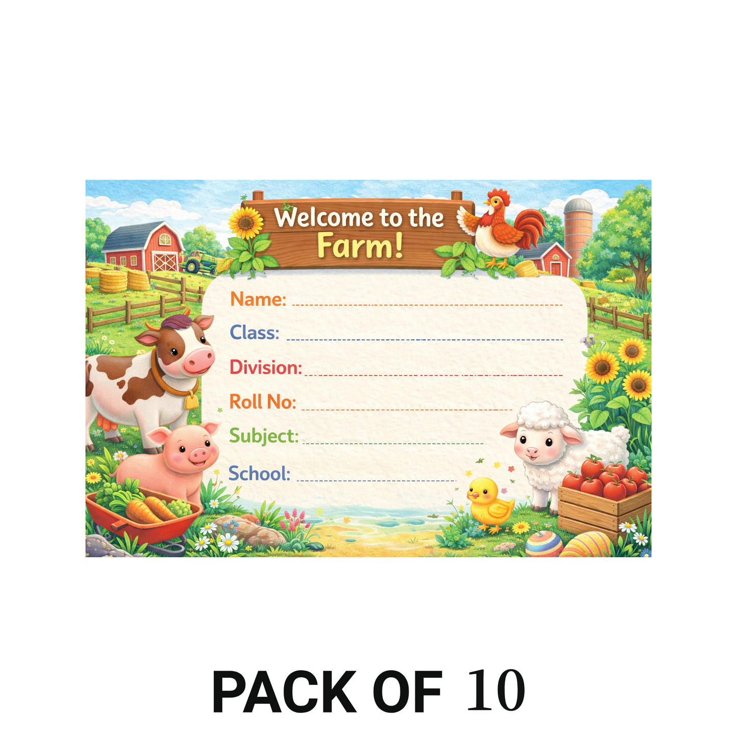 Smeeps Welcome to the Farm School Name Labels Sticker – 7.62 × 5.08 cm (3 × 2 Inch) Personalized Writable Notebook Labels for Kids | Cute Farm Animals Theme Sticker Pack of 10
