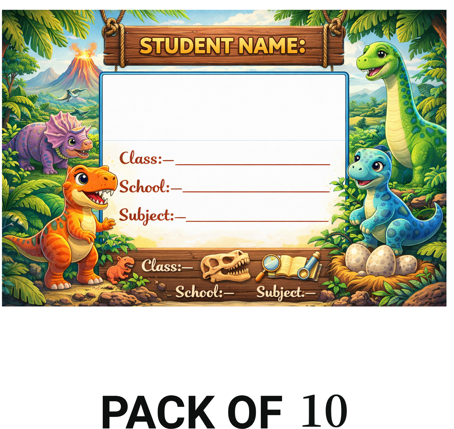 Smeeps Dinosaur Jungle School Name Labels Sticker – 7.62 × 5.08 cm (3 × 2 Inch) Personalized Writable Notebook Labels for Kids | Cute Dino Adventure Theme Sticker Pack of 10