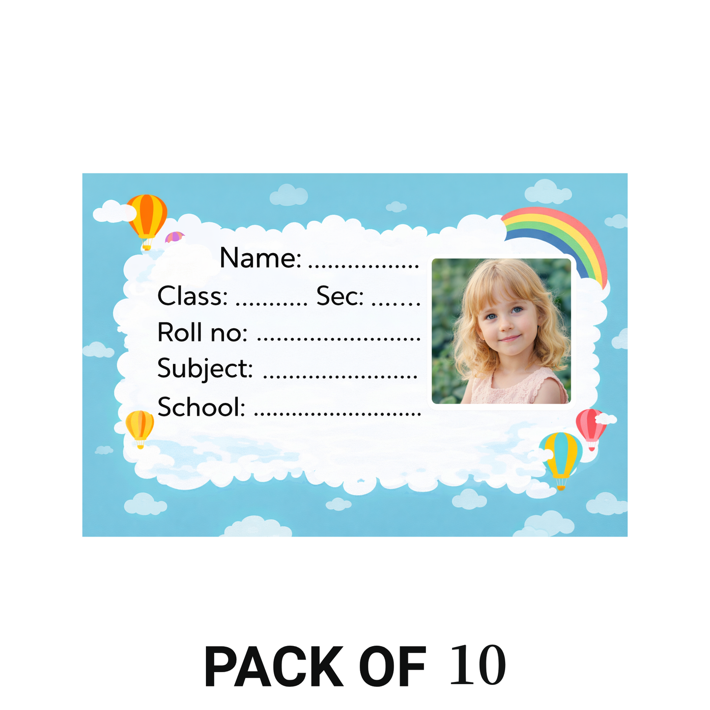 Smeeps Personalized Sky Theme School Label Stickers – Pack of 10 | 3 x 2 Inch Custom Name Labels with Photo | Cloud, Rainbow & Hot Air Balloon Design | Waterproof Premium Finish
