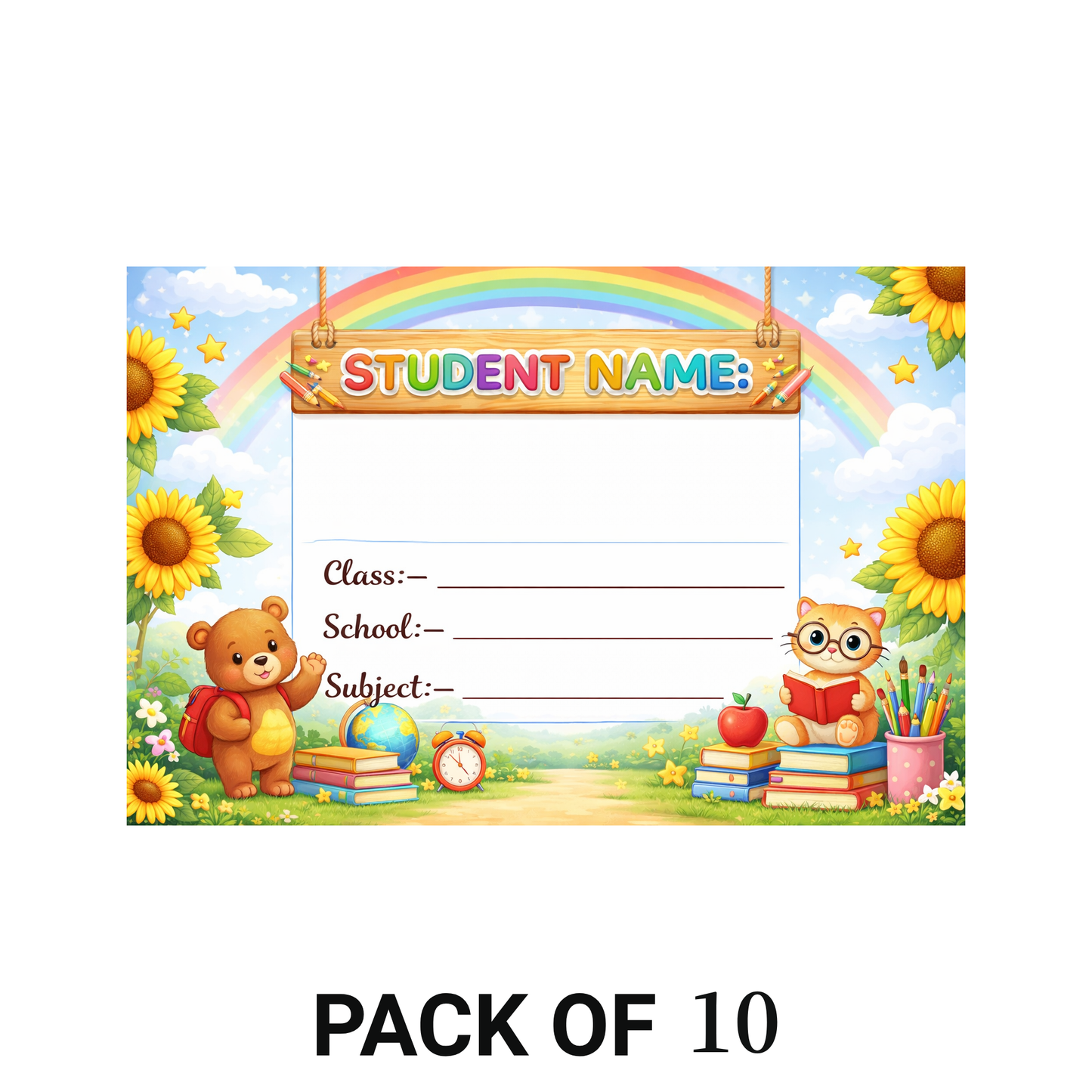 Smeeps Rainbow Teddy School Name Labels Sticker – 7.62 × 5.08 cm (3 × 2 Inch) Personalized Writable Notebook Labels for Kids | Cute Bear & Cat Theme Sticker Pack of 10