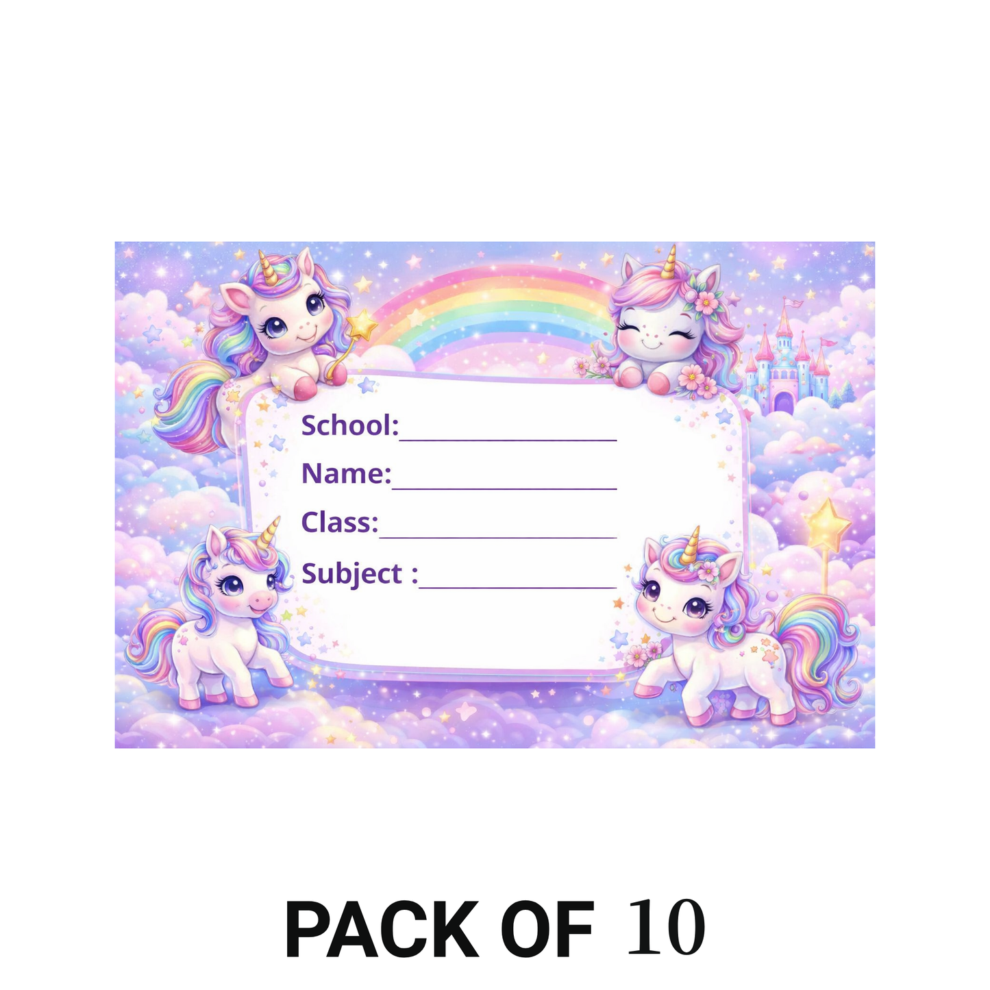 Smeeps Unicorn Rainbow School Name Labels Sticker – 7.62 × 5.08 cm (3 × 2 Inch) Personalized Writable Notebook Labels for Kids | Cute Fantasy Unicorn Design Pack of 10