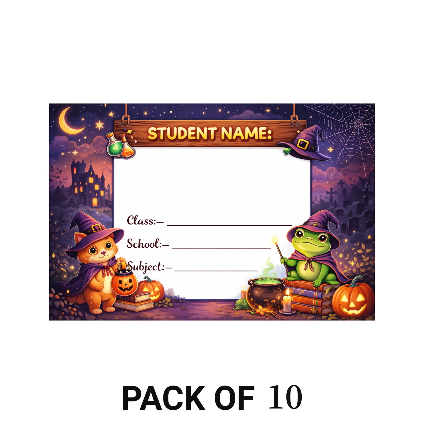 Smeeps Halloween Kids School Name Labels Sticker – 7.62 × 5.08 cm (3 × 2 Inch) Cute Witch Cat & Frog Writable Notebook Labels for Kids | Spooky Theme Sticker Pack of 10