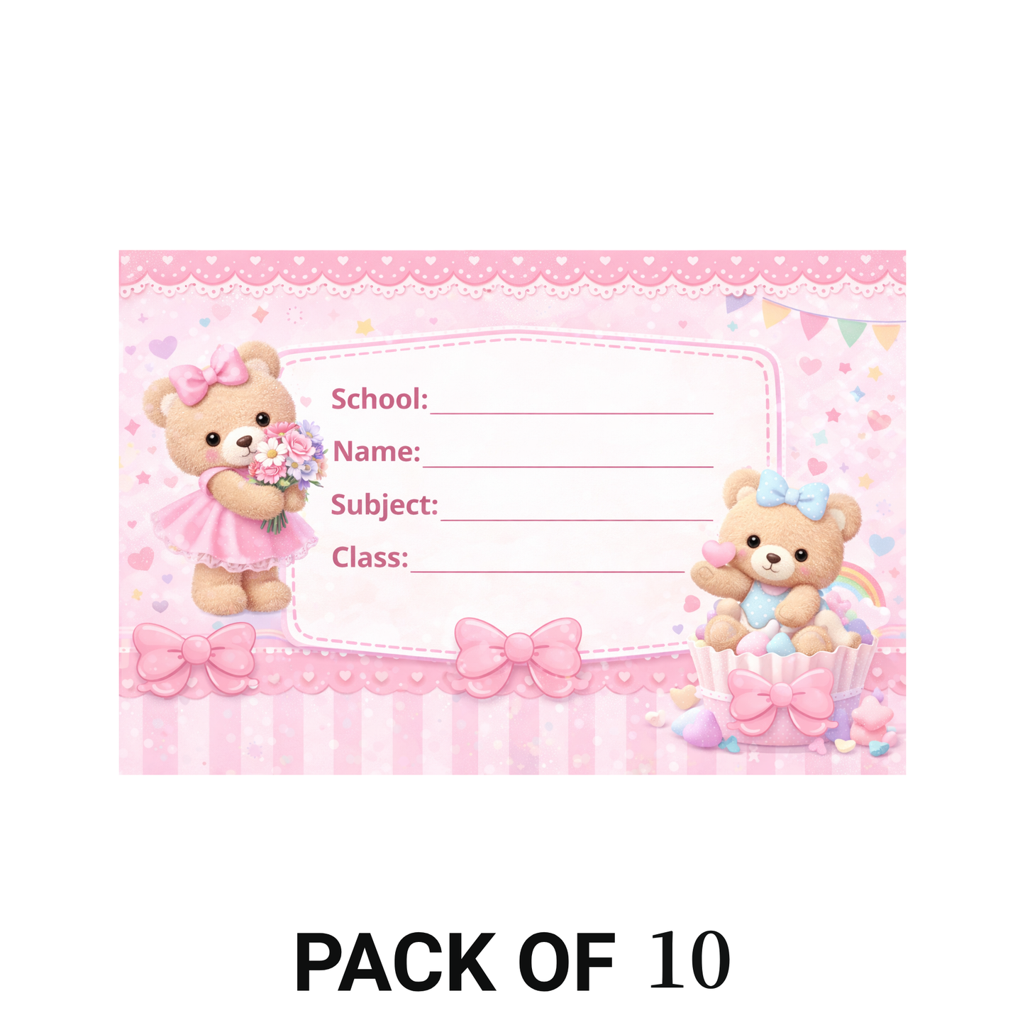 Smeeps Cute Teddy Bear School Name Labels Sticker – 7.62 × 5.08 cm (3 × 2 Inch) Personalized Writable Notebook Labels for Kids | Pink Teddy Theme Sticker Pack of 10
