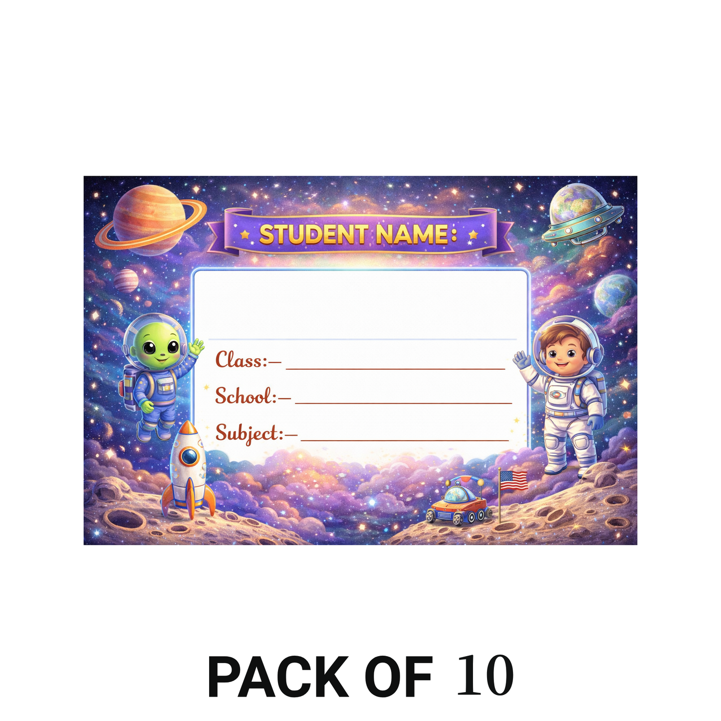 Smeeps Space Astronaut School Name Labels Sticker – 7.62 × 5.08 cm (3 × 2 Inch) Personalized Writable Notebook Labels for Kids | Galaxy Space Theme Sticker Pack of 10
