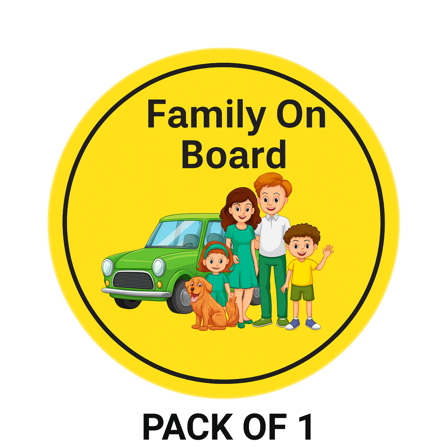 Smeeps Family On Board Sticker – 15.24 cm Round | Cartoon Family & Dog with Green Car | Bright Yellow Safety Sign for Vehicles