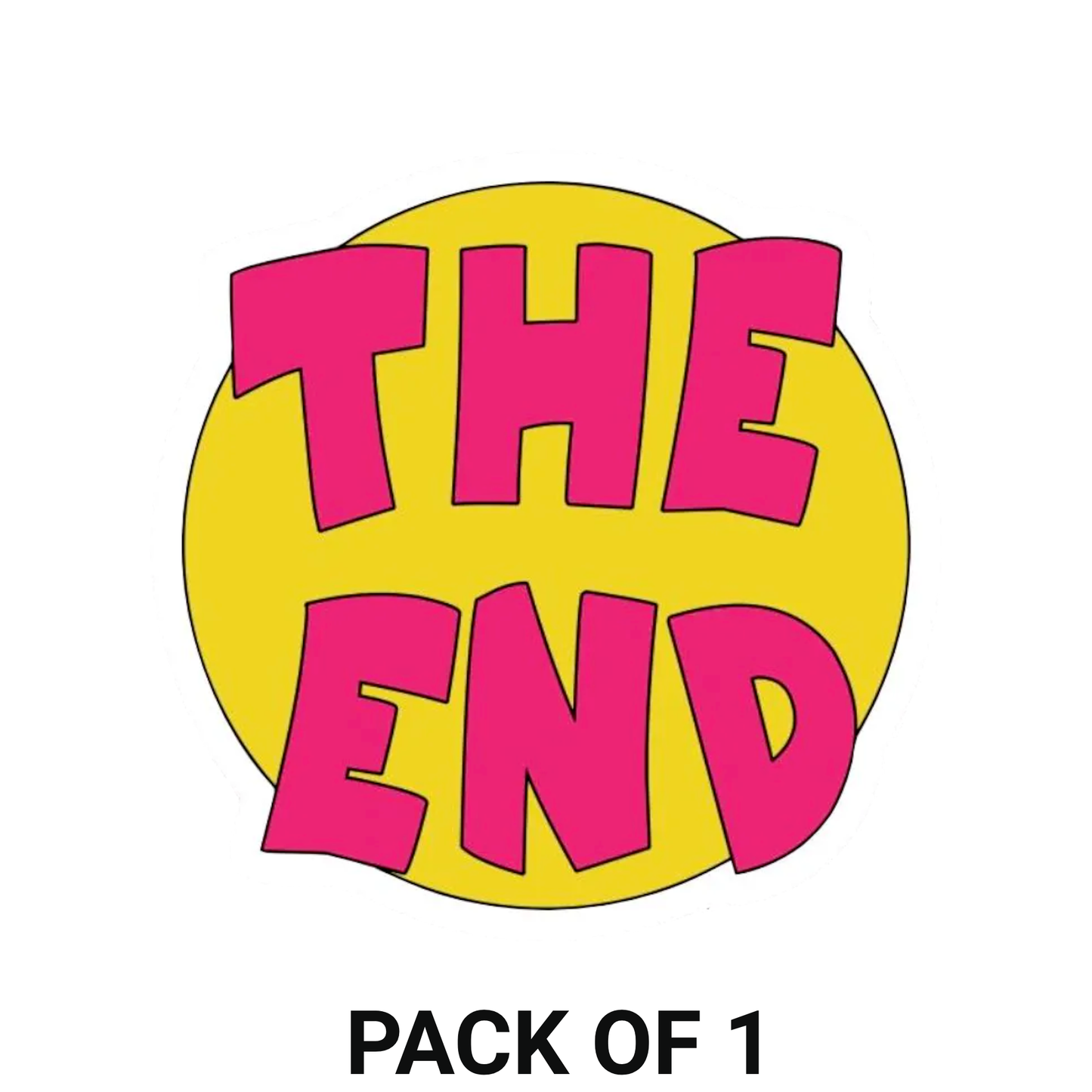 Smeeps “THE END” Sticker – 10.16 cm Bright Yellow & Pink Cartoon Style Vinyl Decal | Fun Graphic Sticker for Cars, Bikes, Laptops | Waterproof & UV Resistant
