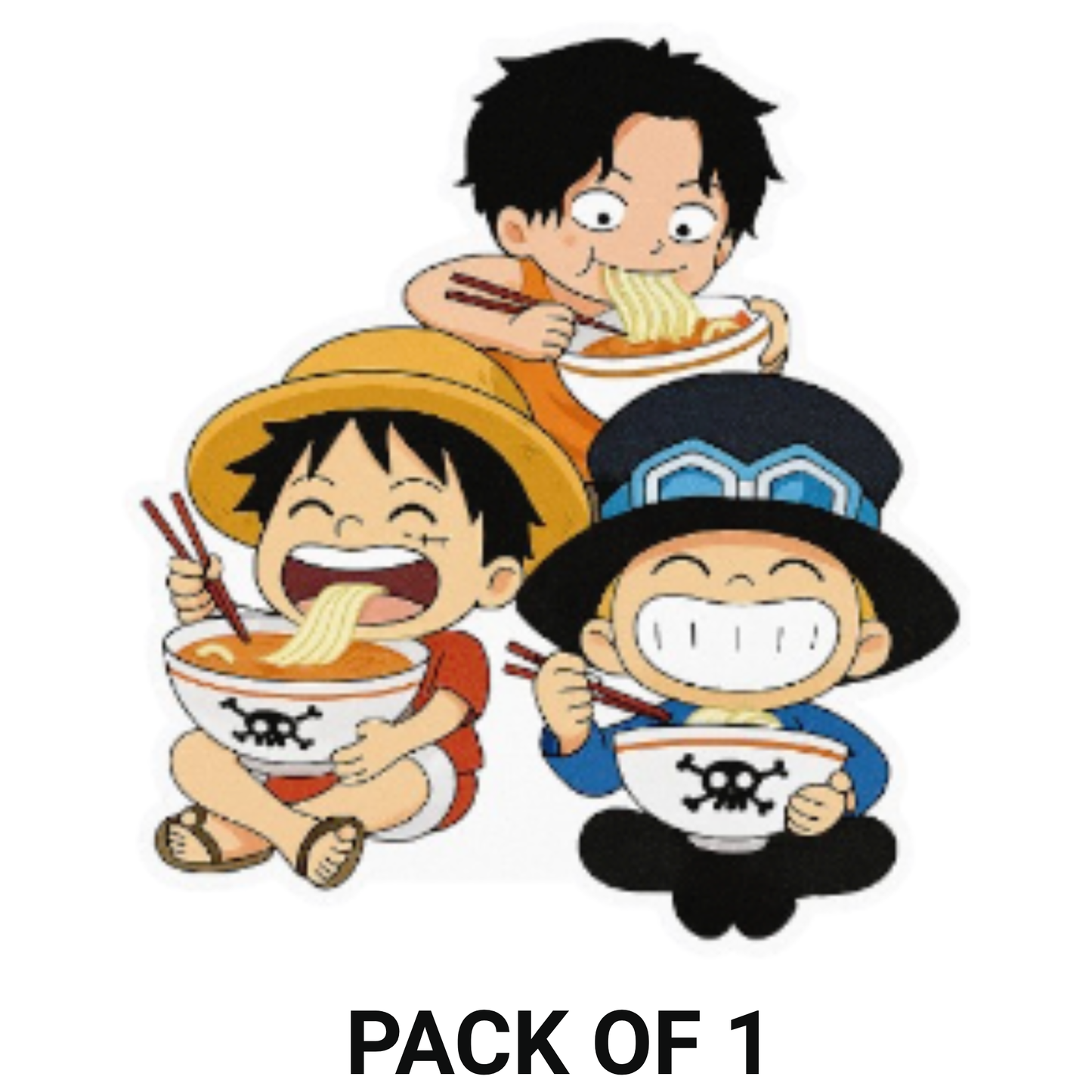 Smeeps One Piece Brothers Eating Ramen Sticker – 10.16 x 11.43 cm Car & Bike Vinyl Decal | Luffy, Ace & Sabo Chibi Design | Waterproof & UV Resistant