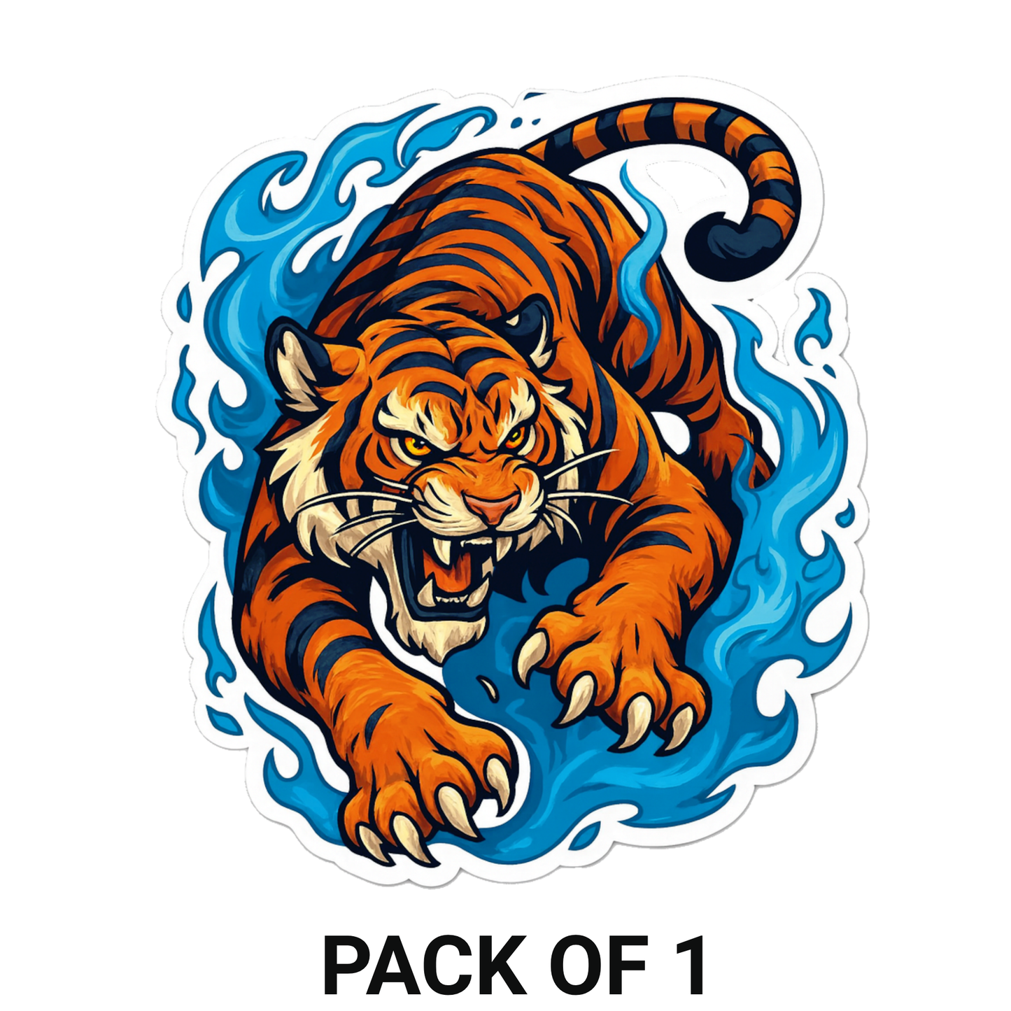 Smeeps Attacking Tiger Sticker – 13.97 x 12.20 cm Car & Bike Vinyl Decal | Fierce Jungle Beast Design with Blue Wave Effect | Waterproof & Durable