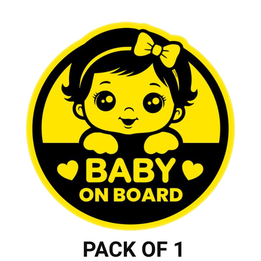 Smeeps Baby on Board Sticker – 15.24 cm Round | Cute Baby Girl Design with Bow | Yellow & Black Waterproof Car Safety Sign