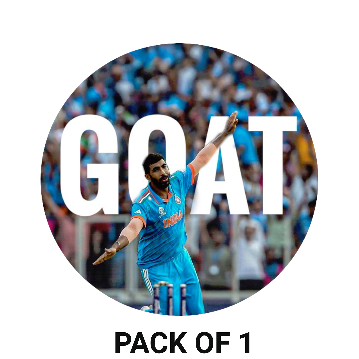 Smeeps Jasprit Bumrah GOAT Sticker – 10.16 × 10.16 cm (4 × 4 Inch) Round Car & Bike Vinyl Decal | Indian Cricket Fast Bowler Design | Waterproof UV Resistant