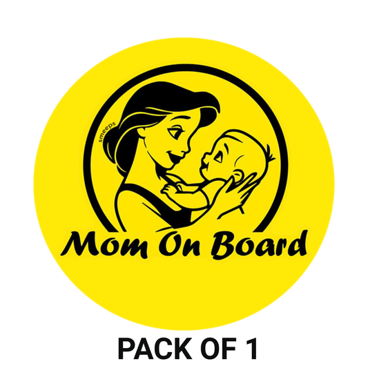 Smeeps Mom on Board Sticker – 15.24 cm Round | Loving Mom & Baby Design | Yellow & Black Waterproof Car Safety Sign