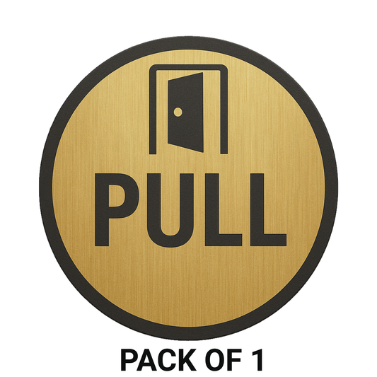 Smeeps Round “PULL” Door Sticker – 15.24 cm | Brushed Gold with Bold Black Text & Door Icon | Self-Adhesive Sign for Offices, Shops & Public Spaces