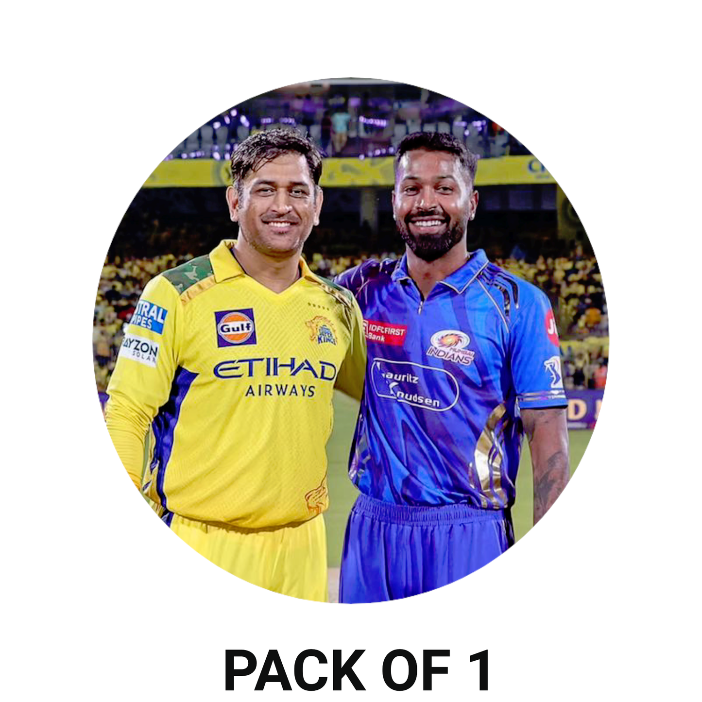 Smeeps MS Dhoni & Hardik Pandya IPL Sticker – 10.16 × 10.16 cm (4 × 4 Inch) Round Car & Bike Vinyl Decal | CSK & MI Captain Duo Design | Waterproof UV Resistant
